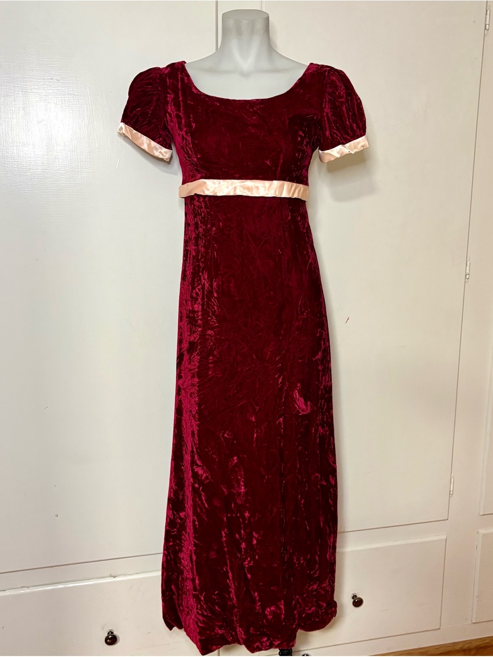 Vintage 60s Red Velvet Regency Empire Waist Babydoll Puff Sleeve Maxi Dress